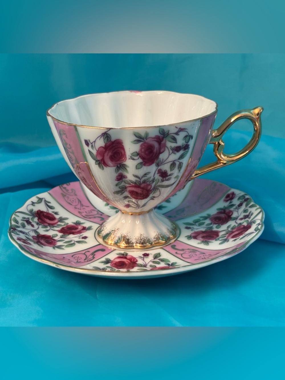 Vintage Pink Panel Rose Footed Teacup & Saucer with Gold Trim